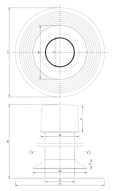 Ventiliacinis kaminėlis D110 H355, plokštiems stogams