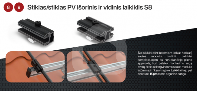 Stiklas/stiklas PV vidinis laikiklis S8, 5.5-9mm, juodas