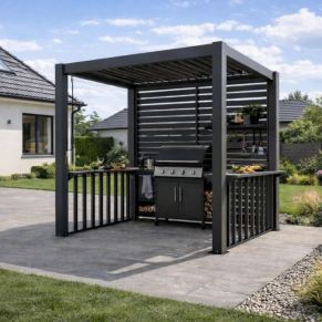 BBQ pergola griliui ir lauko kepsninei su šoniniais staliukais