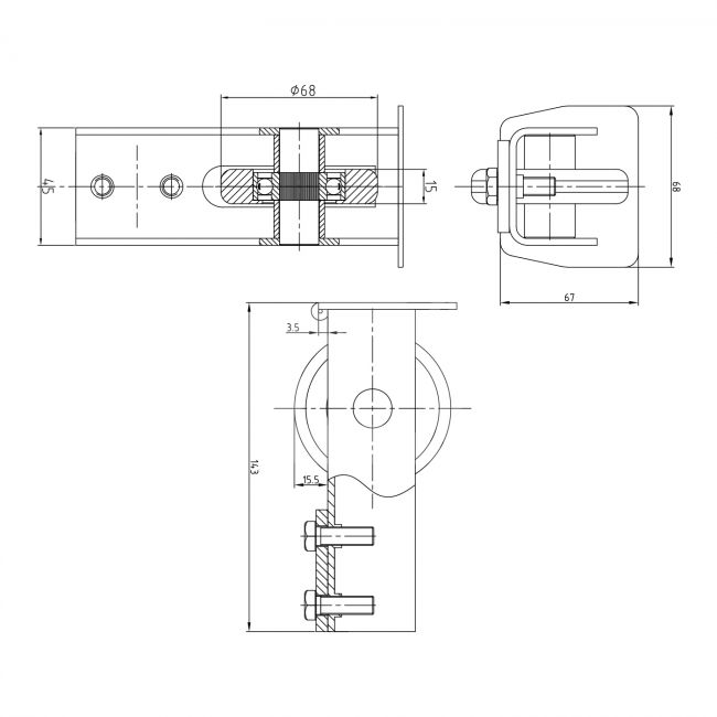 Vežimėlių komplektas 68x68x3,5 mm (stumdomiems vartams)